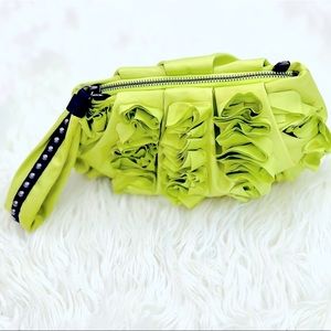 Diane Von Furstenburg ruffled wristlet, citron, w/ removable strap + dust bag